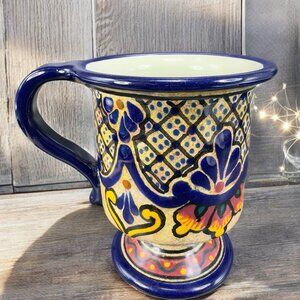 Mexican Pottery Talavera Hand Painted Footed Coffee Mug Cup Hand Made Mug Cup